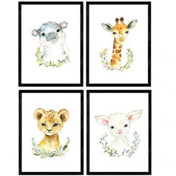 Pack de cuatro láminas con ilustraciones de animales cabra, jirafa, hipopótamo y león
