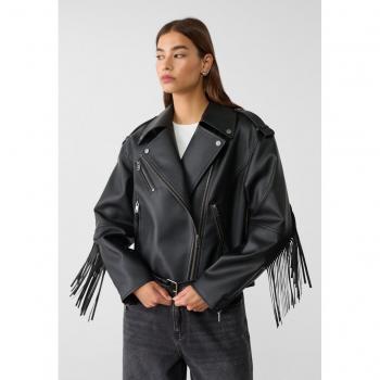 Giacca oversize in finta pelle nera con frange M