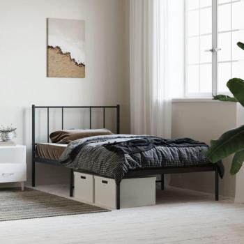 VidaXL Metal Bed Frame without Mattress including Headboard, Color: Black, Size: 107x203cm