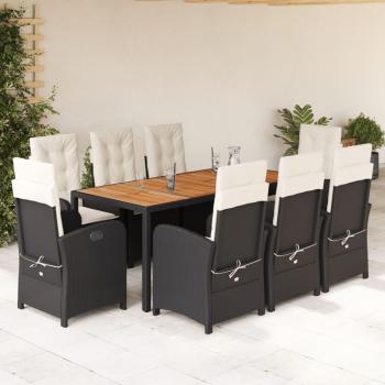 Ensemble de repas de jardin 9 pièces avec coussins noirs en poly rattan