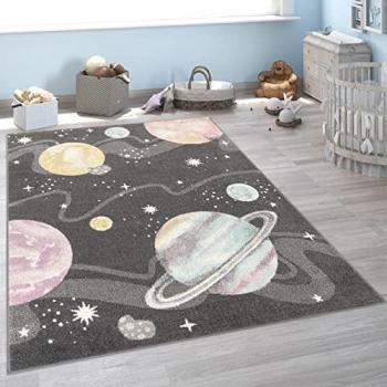Tappeto Bambini Cameretta Con Spazio Pianeti Stelle Tappeto Morbido Antracite ø 160 cm tondo - Paco Home