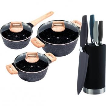 Topf-Set KING „ESSENTIAL“ – 7,5 l Schwarz, Aluminiumguss, Induktion, Antihaft, inklusive 5 Messern und Messerblock