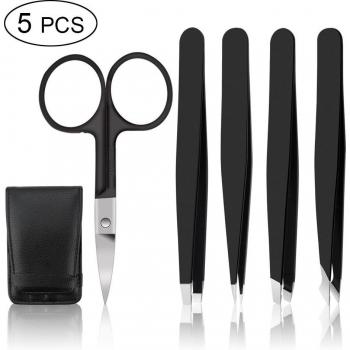 Stainless Steel Eyebrow Tweezers Set - 4/5 Piece with Point, Slant, and Flat Tips