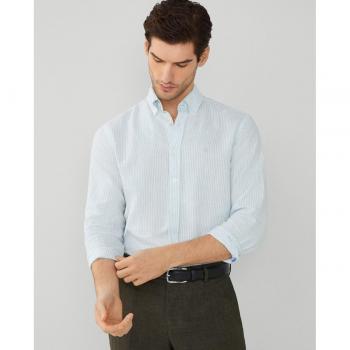 Hackett Camicia a Maniche Lunghe Ess Cot Lin Bengal Pool Blue XL