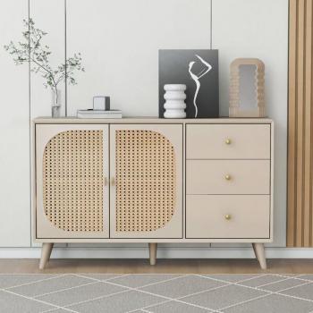 Credenza in legno grezzo “Rattan” con 2 ante e 3 cassetti – 120×40×82 cm