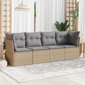 4-Piece Outdoor Sofa Set with Cushions in Beige Poly Rattan