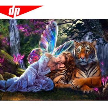 Broderie complète ronde tigre et fille