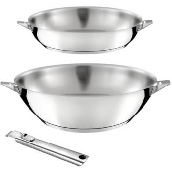 Cuisinox 1 wok inox 28cm, 1 poêle inox 24cm, 1 poignée amovible en Acier Inoxy