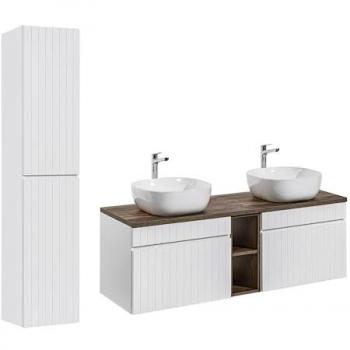 Ensemble salle de bain meuble double vasques à poser avec colonne + 2 éléments - 140 cm - Émblematique Blanc
