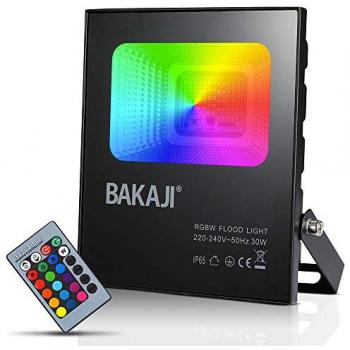 BAKAJI - Faro LED RGB 30W Luce Atmosfera Faretto Proiettore Esterno Slim IP65 Telecomando