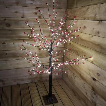 SNOWTIME 180cm 6ft Christmas Lit Black Twig Tree Red Berry 600 Warm White LED