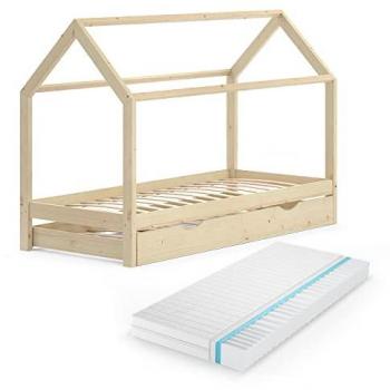 VitaliSpa® Hausbett Wiki, Naturholz, 90x200 cm mit Gästebett und Matratze