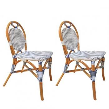 Lot 2 de chaises bistrot en rotin naturel cannage bleu & blanc