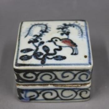 Antique Blue and White Underglaze Red Floral Square Clay Box