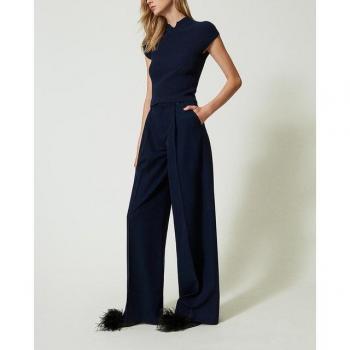 Twinset - Pantaloni wide leg gessati lurex, Indaco Gessato Lurex, A righe, Taglia: 44
