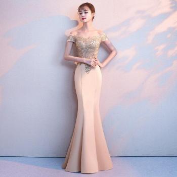 Elegant Off Shoulder Dress with Appliques - Chinese Style Fishtail Gown XS-3XL