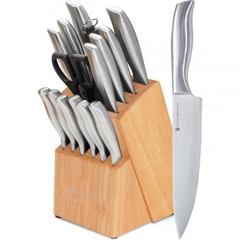 KitchenBrothers Messerset - 16-teilig mit Schere und Wetzstahl aus Gummiholz