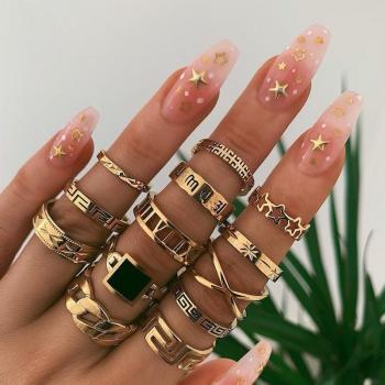 Juego de anillos de metal para niñas y jóvenes - 13 unidades, estilo retro y geométrico