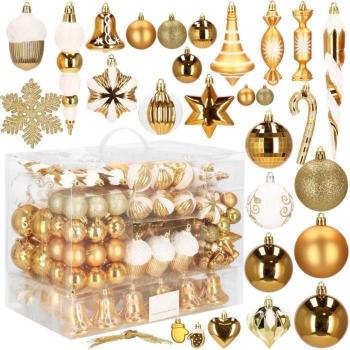 Springos - Palline per albero di Natale 155 pezzi in plastica color oro con diverse forme e punta inclusa