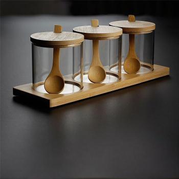 Glass Seasoning Box with Bamboo Cover - Three-Piece Set