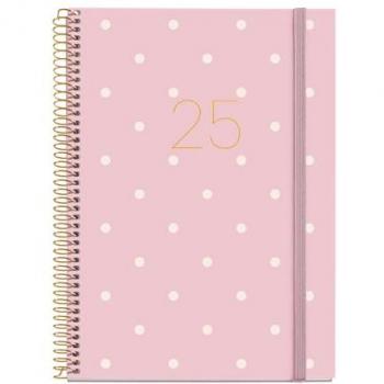 Agenda Anual 2025 Miquelrius Polka Dots - 155x213 mm, Semana Vista, Cubierta Plastificada, Espiral, Cierre Goma Elástica, Papel 80 g/m²