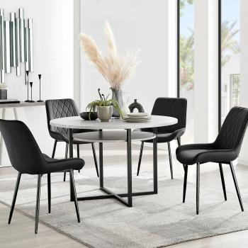 Adley Grey Concrete Effect Round Dining Table with Shelf and 4 Velvet Pesaro Chairs
