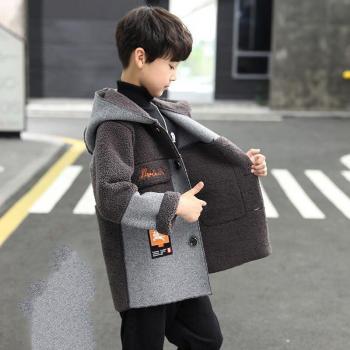 Korean Style Boys' Winter Woolen Jacket 2022 Plus Velvet Thickened Mid-Length Hooded Casual Wear