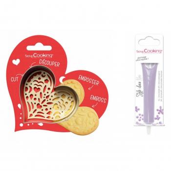 Kit Biscotti Cuore in Relievo con Penna Cioccolato Lilà