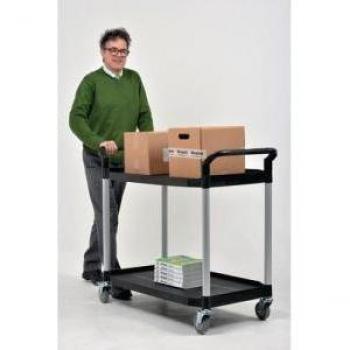 Open Sided Two Tier Utility Cart with Plastic Trays and End Panels