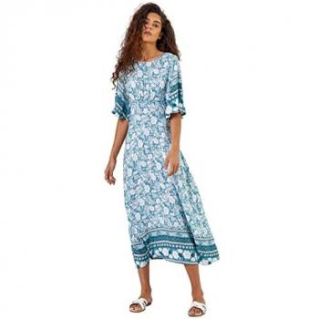 Sky Blue Floral Border Midi Dress - Size 14