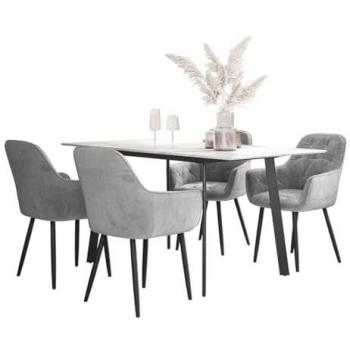 Haydon White Marble Extension Table + 4 Black‑Legged Anika Velvet Chairs