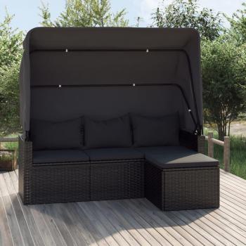 VIDAXL Divano Giardino 3 Posti Con Tetto E Poggiapiedi Nero Polyrattan