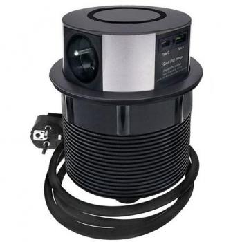 Solight PP120USBCW-B 3z + USB A+C + Wireless 10W vysouvací blok zásuvek, kruhový tvar, prodlužovací přívod 2m, 3 x 1,5mm2