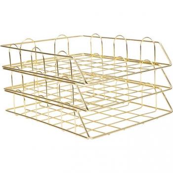 Gold Metal Layered File Tray Magazine Organizer Desk Set