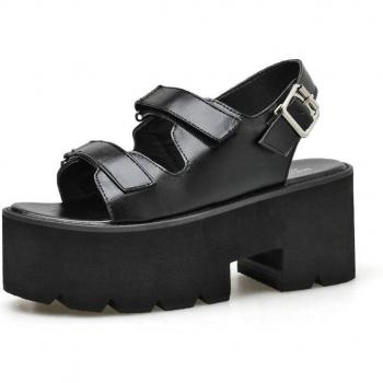Sandales à plateforme pour femmes, lanière à boucle, bout ouvert, noir, style Punk Goth, C998