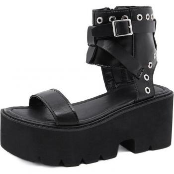 Gdgydh Punk Gothic Plattform Sandalen mit Knöchelriemen und offener Spitze für Frauen - Sommer Schuhe in Schwarz mit Nieten
