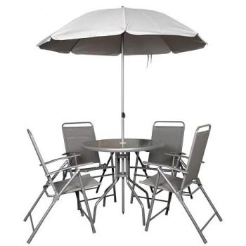 Outdoor 4 Seater Round Glass Top Table and Chairs Patio Set with Parasol in Grey - Samuel Alexander