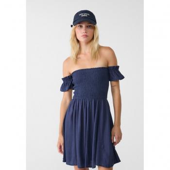 Navy Blue Short Flowing Linen Blend Dress M