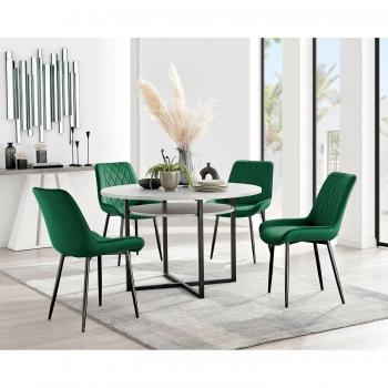 Adley Grey Concrete Effect Round Dining Table with Shelf and 4 Velvet Pesaro Chairs