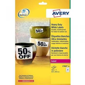 Etichette Adesive in Poliestere Avery A4 63,5x38,1 mm Angoli Arrotondati L7060-20 (Bianco Conf. 20)