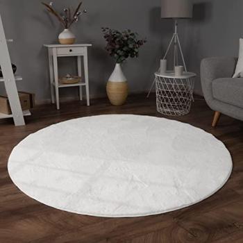 Tapis Salon Paco Home Shaggy Poil Long Moelleux Pelucheux Lavable Blanc 200 cm Rond