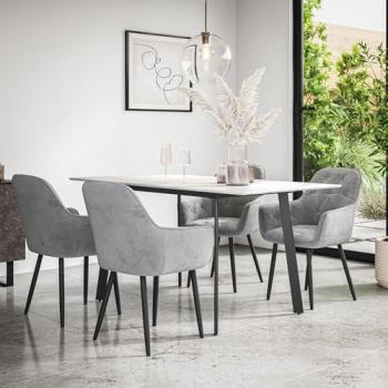 White Marble Effect Extension Table by Haydon + 6 Anika Velvet Grey Chairs – BLACK LEGS