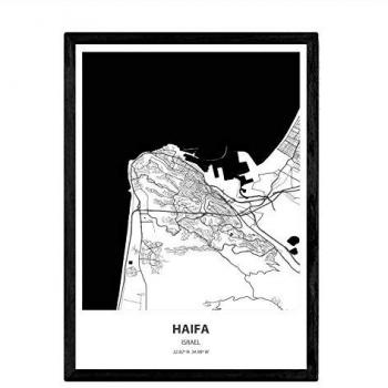 Lámina A3 Mapa de Haifa, Israel - Ciudades y Ríos en Negro