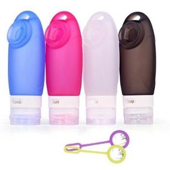 Juego de botellas de silicona para viaje SMING (capacidad 89 ml/3 fl oz, 4 unidades, aptas para aviones, rellenables, para champú, gel, acondicionador, etc.) + 2 correas de equipaje