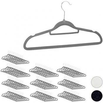 Set XXL di Grucce in Velluto Antiscivolo, 100 Pezzi, Asta per Pantaloni, Gancio Girevole, Grigio - Relaxdays