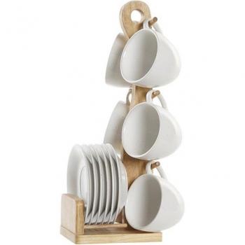 Conjunto de Tazas de Café DKD Home Decor Madera Natural Gres Blanco 150 ml