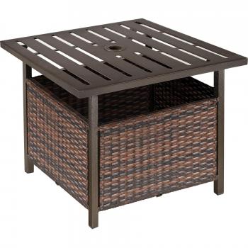 Mesa Auxiliar de Ratán para Jardín con Orificio para Sombrilla 55,5x55,5x46 cm Marrón