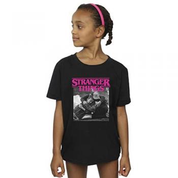 Black Cotton T‑Shirt for Girls: Stranger Things Square Photo with Pink Logo – 12‑13 Yrs
