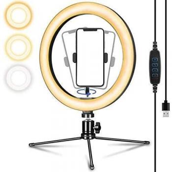 Anneau lumineux LED avec trépied, Selfie Ring Light élégUnant de 3 couleurs et 10 niveaux de luminosité pour vidéo/photo/maquillage réglable avec éclairage lumineux réglable (12 pouces)