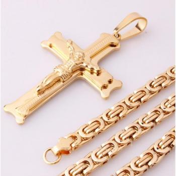 Pendentif Croix Jésus – Collier Or 18/32 – Chaîne Byzantine – Maillon 6 mm – Bijoux Ras du Cou